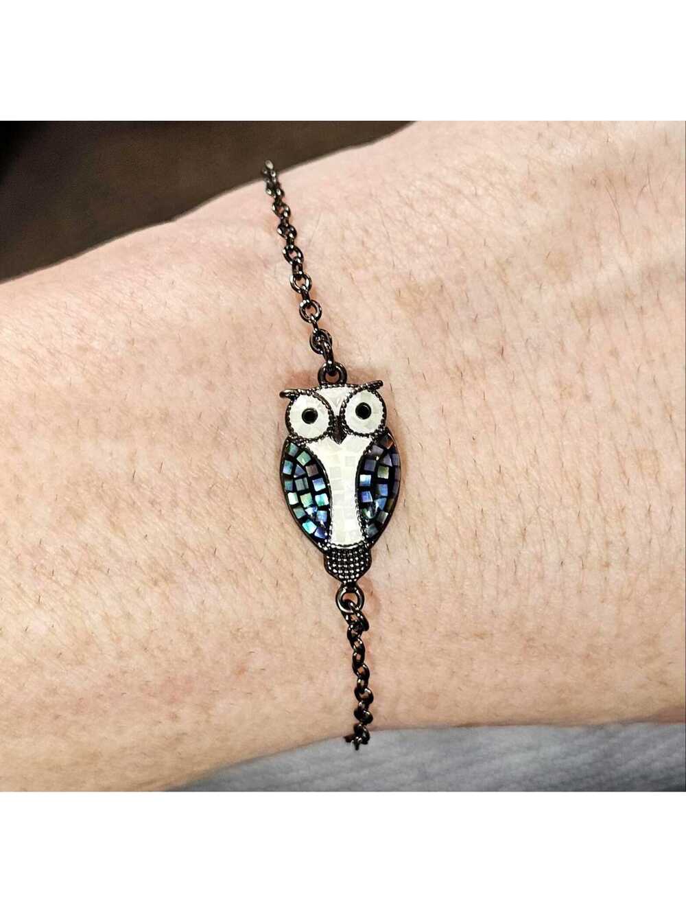 Gunmetal Black Owl Bracelet - Abalone Shell Inlay - Adjustable Slider Chain
